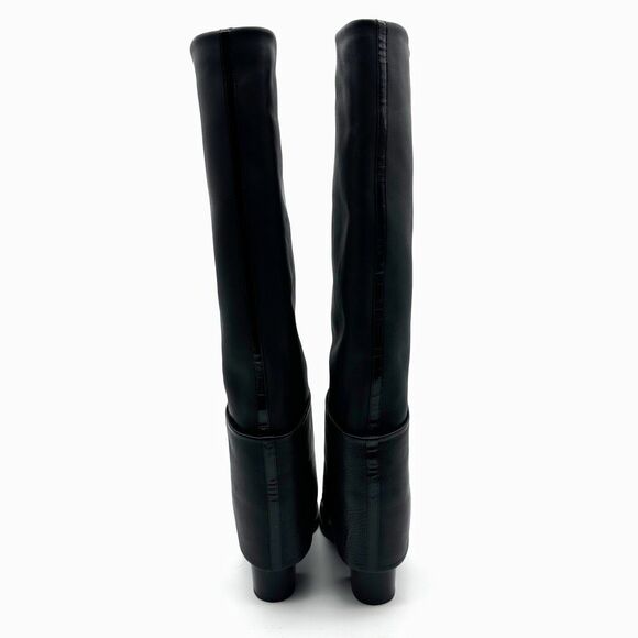 CHANEL Black CC Logo Tall Heeled Boots Size 37 Cap Toe Leather Fold Over - Picture 7 of 10